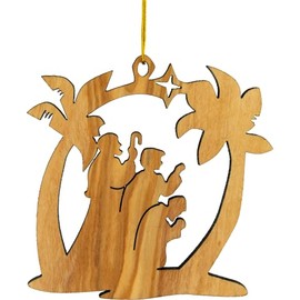 Shepherds & Palm Trees Olive Wood Christmas Ornament from Israel, Religious Ornaments Decoration, Wooden Hanging Seasonal Décor for Christmas Tree, Made in The Holy Land of Bethlehem