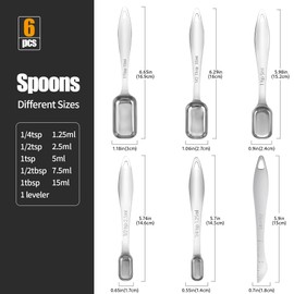 18/8 Stainless Steel Measuring Spoons: Doosu Heavy Duty Rectangular Spoon Square Teaspoon Tablespoon Scoop with Slim Long Handle in Narrow Spice Jar for Kitchen Baking Cooking (Set of 6 with Leveler)