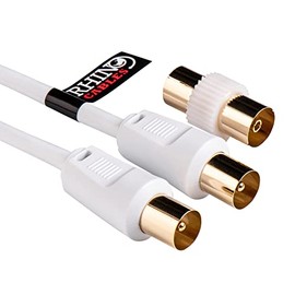 rhinocables Aerial Coaxial Cable with Gold-Plated Connectors, Male to Male RF Coax Lead with Female Adapter Coupler for Freeview, Freesat, Sky, Virgin, BT, You View, Satellite TV, White (1.8m)