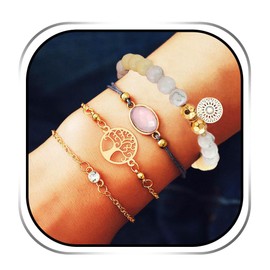 Edary Set of 4 Bracelets with Tassels - White Marble Bracelet with Heart - Adjustable Beaded Hand Chain for Women and Girls