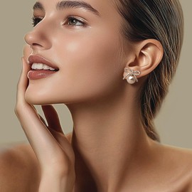 Jean Beau Gold Bow Pearl Stud Earrings for Women Dainty Hypoallergenic CZ Ribbon Wedding Bridal Bridesmaid Earring Christmas Holiday Fashion Outfit Accessories Jewelry Gift.