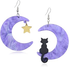 Black Cat on the Moon Earrings for Women Acrylic Moon Star Cat Earrings Funny Animal Cat Jewelry Accessories (Purple)
