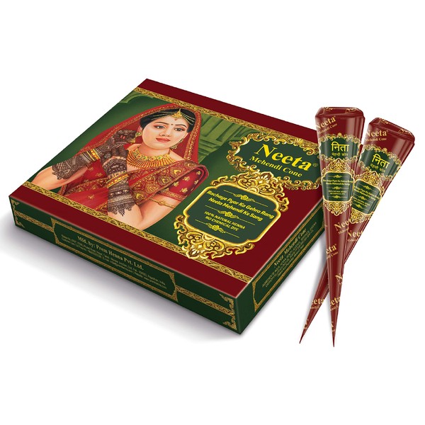 Neeta Indian Mehendi-Henna Cone for Temporary Tattoos and Body Art 12pc in 1 box, All Natural Herbal Ingredients and Chemical Dye Free No PPD, No Side Effects Made from Pure Henna (Pack of 12 Cone Pieces)