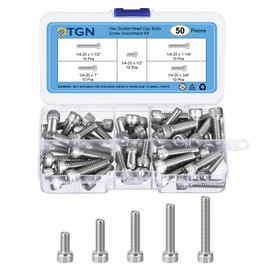 DTGN 50Pcs 1/4-20 Bolts Socket Head Screws Kit, 1/4-20 Screw Assortment, 304 Stainless Steel 1/4-20x1/2" 3/4" 1" 1-1/4" 1-1/2" Hex Socket Head Cap Screws Bolt Set for 3D Printing DIY