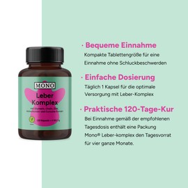MONO Leber Komplex hochdosiert - 120 Kapseln vegan - mit 200mg Silymarin, Cholin und Zink - Nahrungsergänzung für Leber & Stoffwechsel - mit Mariendistel, Curcuma, Artischocke & Bitterstoffen