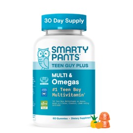 SmartyPants Teen Guy Multivitamin Gummies, Omega 3 (DHA/EPA), Vitamin D3, C, Vitamin B12, B6, A, K & Zinc, Folate, Gluten Free, Fruit Flavor, 60 Count (30 Day Supply)