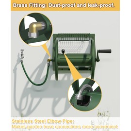 Artigarden Triangle Wall Mounted Garden Hose Reel, Outdoor Heavy-Duty Water Hoses Holder Winder, Holds 125 Ft of 5/8-Inch Hose, with 3.9 ft Leader Hose, Brass Fitting, Storage Basket for Yard, Green