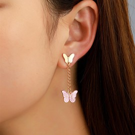 Gold Butterfly Chain Long Dangle Earrings Pink Butterfly Earrings Gold Metal Long Butterfly Tassel Earrings Jewellery for Women and Girls, Zinc, Cubic Zirconia