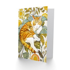 Artery8 Greeting Card Sleeping Orange Tabby Cat Lover Bright Floral Blank For Him Or Her Art Birthday Card