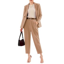 EXLURA Women's Business Blazer and High Elastic Waist Pant Suit Set Loose Fit Casual Fall Winter 2 Piece Suits for Work Brown