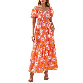 PRETTYGARDEN Womens Summer Dresses 2025 Casual Boho Floral Puff Short Sleeve Flowy Maxi Dress Smocked V Neck Sun Dresses (Orange, Medium)