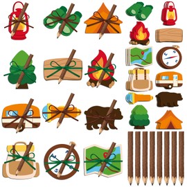 Eaasty 24 Set Camping Sticky Note and Twig Pencils with Ribbon Adventure Travel Gift for Party Favors Self Stick Adhesive Notepads Natural Wood Pencils for Exchange Gifts Office Home Classroom