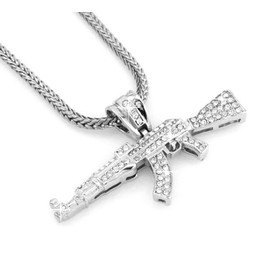 Hip Hop Bling Silver Tone Rodium Plated Machine Gun AK 47 Pendant