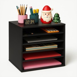 EMERIT 4-Tier Adjustable Paper Organizer, Large Capacity Book Shelf for Textbooks/Magazines/Office Files, Wooden Dividers, 7 lbs per Shelf, Black