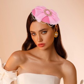 Bohend Fascinator Hat Flower Pillbox Vintage Derby Hats Tea Party Wedding Hair Accessories with Rhinestone for Women and Girls, pink