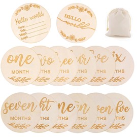 Bettinay 13PCS Baby Monthly Milestone Cards, 1-12 Months Wooden Months Milestone Discs and A Storage Bag