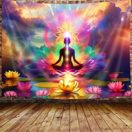 MERCHR Chakra Spiritual Tapestry, Yoga Room Pink Lotus Zen Hippie Tapestry Wall Hanging for Bedroom, Colorful Mandala Tapestries Poster Dorm Meditation Accessories Home Decor 40X30Inches