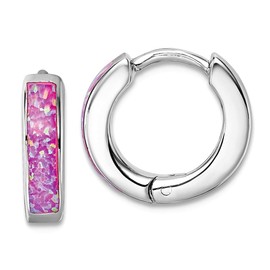 925 Sterling Silver Rhodium Plated Created Pink Opal Hoop Earrings 11.95x13.4mm Wide 3.25mm Thick-Hoop Earring for Women