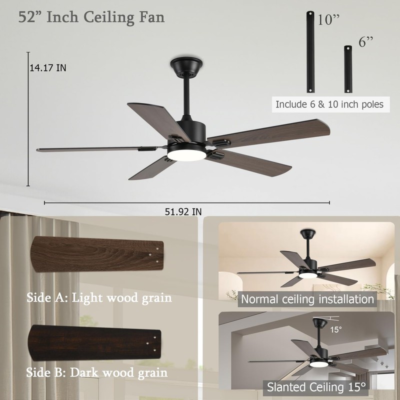 FUMLTP 52 inch Modern Ceiling Fans with Lights APP/Remote Control,