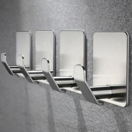 YIGII Silver Walls Hooks for Hanging, 4 Pack Stainless Steel Adhesive Towel Hooks for Bathroom, Kitchen, Rustproof, No Damage