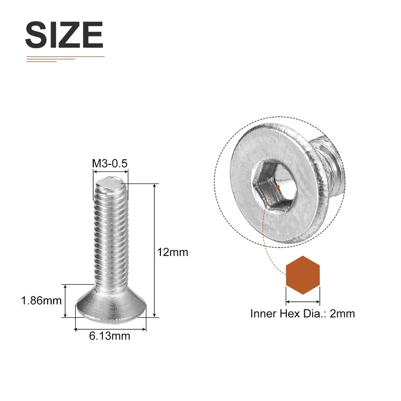 DTGN M3-0.5 x 12mm Flat Head Socket Cap Screws, 50