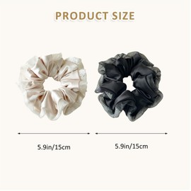 Large Satin Scrunchies with Pearl Organza Ruffle Edge, 5.9 Inch, 2 Pack, Elegant Korean Style Hair Ties for Thick Hair Buns for Wedding, Graduation, Party Outfits (Champagne + Black)