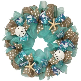 Starfish and Sand Dollar Ribbon Beach Wreath Handmade Deco Mesh 24 inches or 28 inches