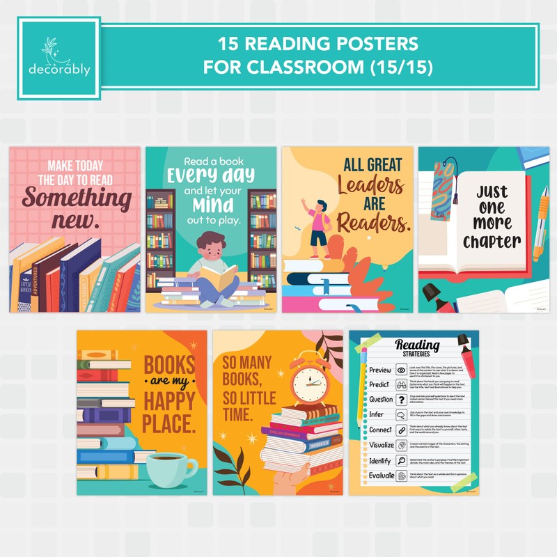 Decorably 15 Reading Posters for Classroom, Library Posters, 11x14in