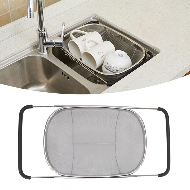 Over The Sink Colander Stainless Steel Telescopic Strainer Basket Rubber