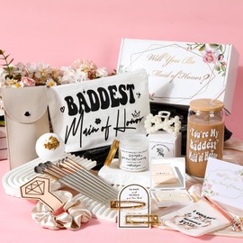 Maid of Honor proposal gifts for will you be my Maid of Honor? box–Wedding Complete Baddest MOH Set:16oz Tumbler,Scented Candle Makeup Bag, Bath Bomb, Hair Clips