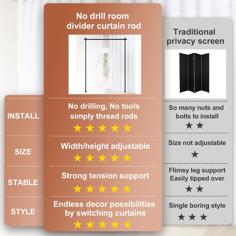 Room Divider, No Drilling Curtain Rod Wall Divider for Space