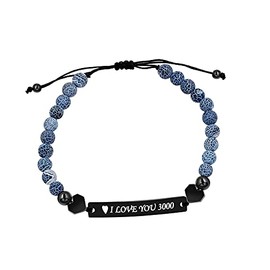 6mm Cracked Matte Agate Bracelet Braided Rope, Stainless I Love You 3000 Bracelet (Y1454-Love 3000-black Bead-Black Plate)