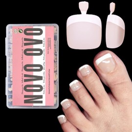 NOVO OVO french tip toe nail tips press on fake toe nail tips, press on, french tip, soft gel, toe nail extension, nude pink, square, round, pre-applied tip, primer & base coat, full cover, matte