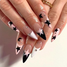 GlamRays Press on Nails Almond Medium False Nails Black and White French Tip Glue Nails Pink Stars False Nails Full Nail Acrylic Nails Pack of 24