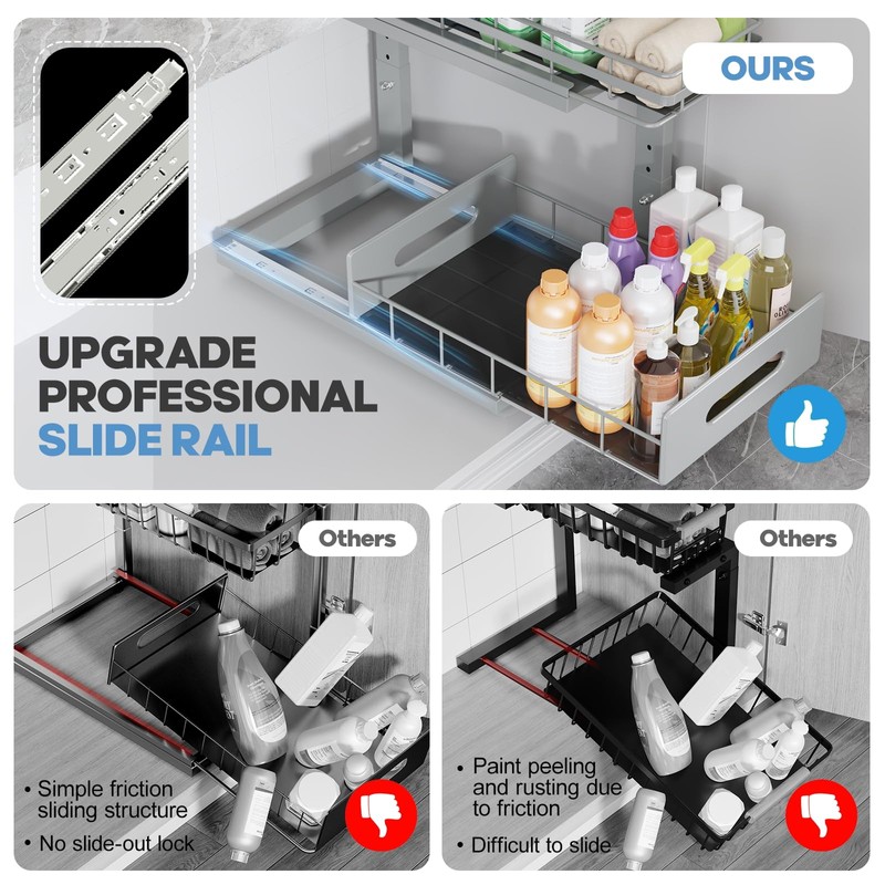 Biboraya 2 Pack Under Sink Organizer Upgrade to Professional Rails,2-Tier