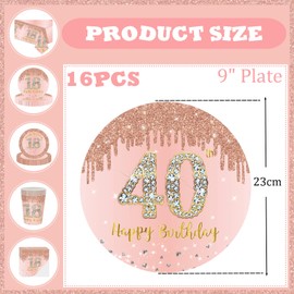 YAAVAAW Happy 40th Birthday Paper Plates 9'' Rose Gold, 16Pcs Womens Party Disposable Tableware, Decorations for Women, Her Supplies Table