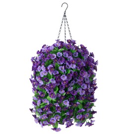 INXUGAO Hanging Baskets with Artificial Flowers for Plants Outdoor Indoor, Faux Silk Morning Glory Vines, Faux Green Plant Arrangement for Garden Patio Spring Summer Decor(Purple)