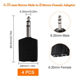 KUOQIY 4 PCS 6.35mm Jack Stereo Audio Adapter Splitter, 6.35mm Stereo Jack Plug to 2x6.35mm Stereo Socket Splitter, Nickel Plated