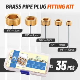 Ailbiuko 35Pcs Brass Pipe Plug Fitting Assortment Kit,1/8" 1/4" 3/8" 1/2" 3/4" NPT Male Internal Hex Thread Socket Pipe Plug Set,5 Sizes