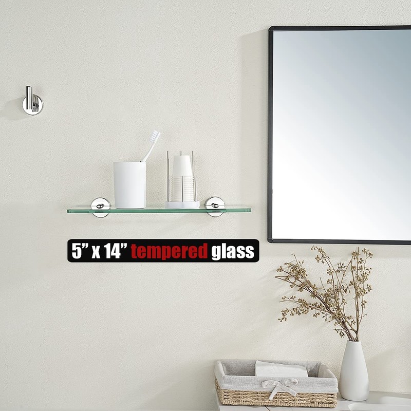JQK Bathroom Glass Shelf Chrome, Tempered Glass Shower Storage 14