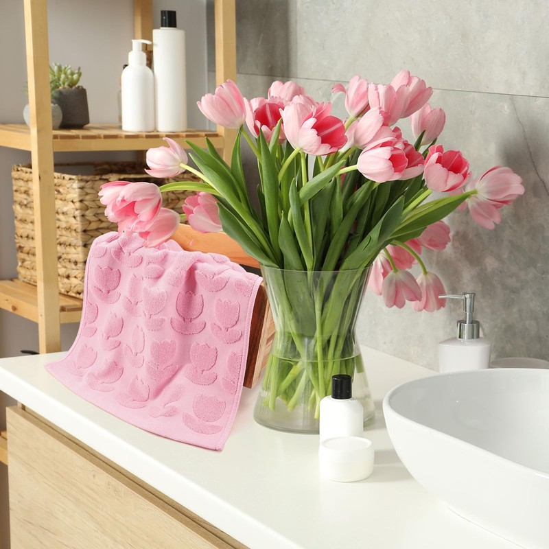 AnyDesign 2Pcs Tulip Hand Towels Jacquard Cotton Bath Towel Spring