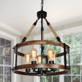 Voguad Rustic Wood Chandelier for Dining Room 5-Light, Kitchen Island Industrial Pendant Light Vintage Hanging Dining Room Farmhouse Light Fixtures