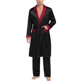 SWOMOG Men's Kimono Bathrobe Silk Satin Robe with Full Length Pants Soft Sleepwear