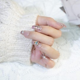 farfarflame Handmade Nail Tip Medium Long Ballerina Magnet 3D Diamond Glossy Stylish Cute Design Party False Nails, Pack of 10 (Wave Point Heart, M)