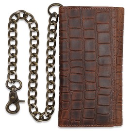 F&L CLASSIC RFID Blocking Mens Tri-fold Long Style Cowhide Leather Steel Chain Wallet,Black