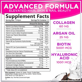 Hair, Skin & Nails Vitamins for Women - Biotin 5000mcg to Support Hair Growth with Argan Oil, Collagen & Hyaluronic Acid, Beautiful, Stronger Skin, Hair & Nails Vitamin Supplement - 60 Softgels