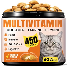 Cat Vitamin Treats with L-Lysine & Taurine – 12 Essential Vitamins & 5 Minerals, Cat Multivitamin Supplement for Immune, Joint & Skin Support, Daily Health Formula for Indoor & Senior Cats – 450 Chews