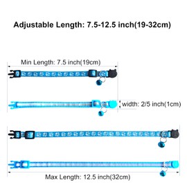 zulinlong 2 Pack Breakaway Cat Collars with Bells, Reflective Design and Claw Print Design, Safety Buckle Kitten Collars Adjustable from 7.5 to 12.5 Inches (Sky Blue)