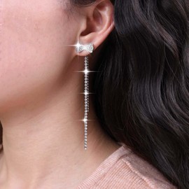 Atentuyi Long Tassel Rhinestone Earrings Silver Bow Stud Crystal Wedding Earrings Cz Chain Drop Earrings Linear Chandelier Dangle Earrings Sparkly Bridal Earrings Jewelry for Women Girls