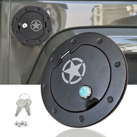 BESTAOO Cubierta de aluminio para puerta de llenado de combustible para Jeep Wrangler JK & Unlimited Sport Rubicon Sahara 2007-2017, tapa de depósito de gas con bloqueo para la quinta rueda de la estación de combustible, estrella
